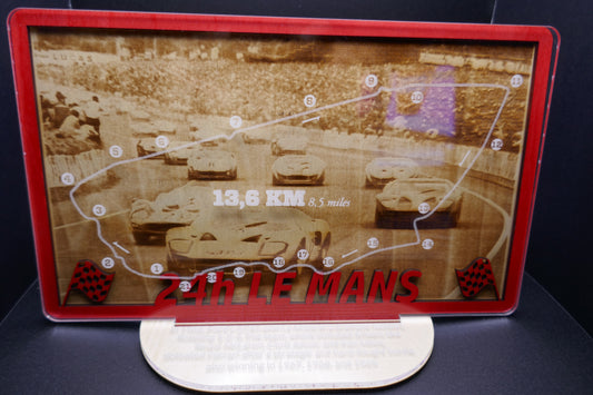 "Legends of Le Mans: Laser-Engraved Vintage Photo with Circuit Overlay"