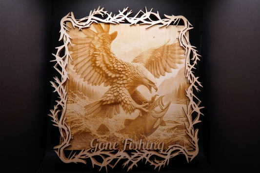 "Majestic Pursuit: Eagle Catching Salmon - Laser Engraved Masterpiece"